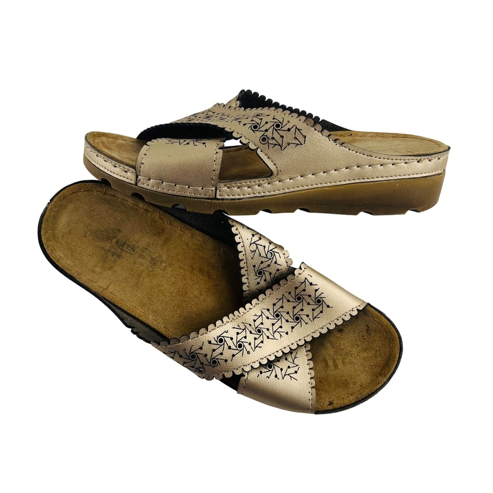 Flexus Passat Slide Sandals Leather Pewter Neutral Womens Size 40